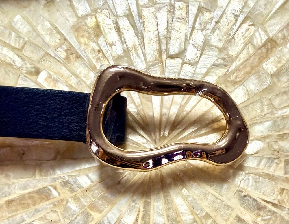 Aideeblue Women’s Black Faux Leather Belt Gold Buckle Large 35-39” NWT